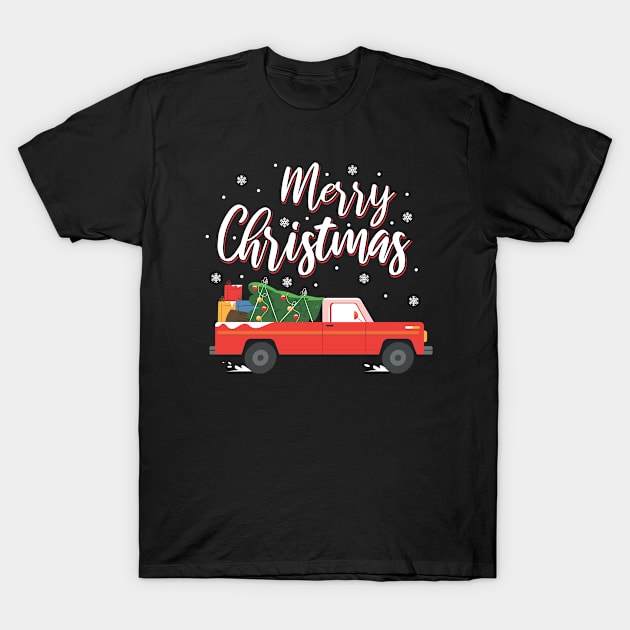 Merry Christmas I Vintage Red Truck And X-Mas Tree T-Shirt by 2blackcherries